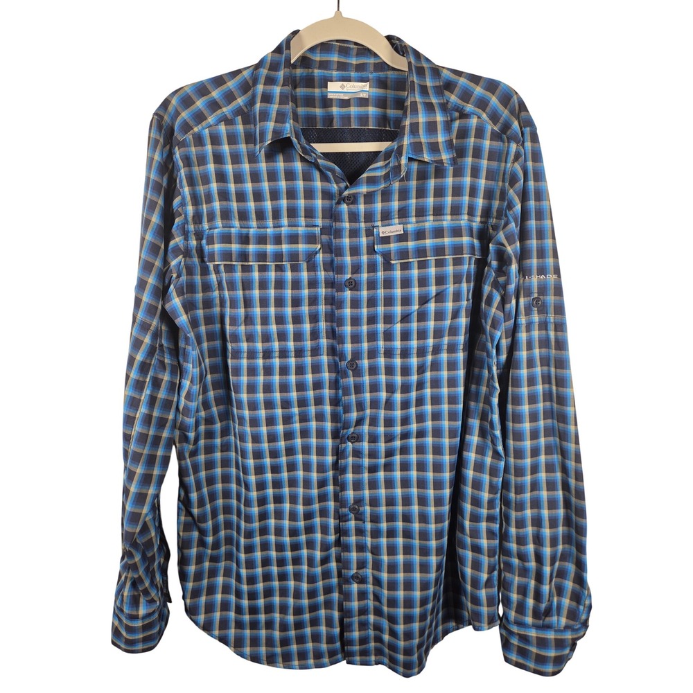 Columbia Omni-Shade Mens Small Blue Plaid Fishing Hiking Shirt Long Sleeve Vent